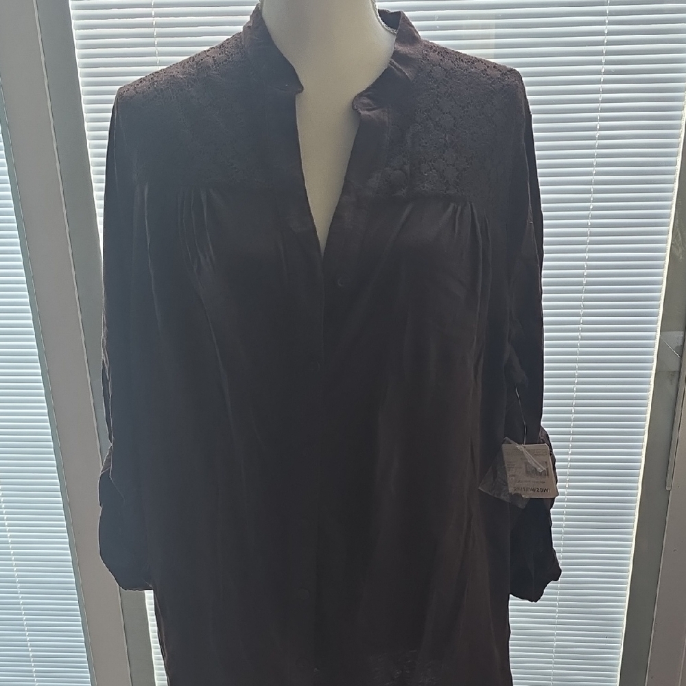 Just My Size Brown 3/4 Sleeve Mandarin Collar Blouse